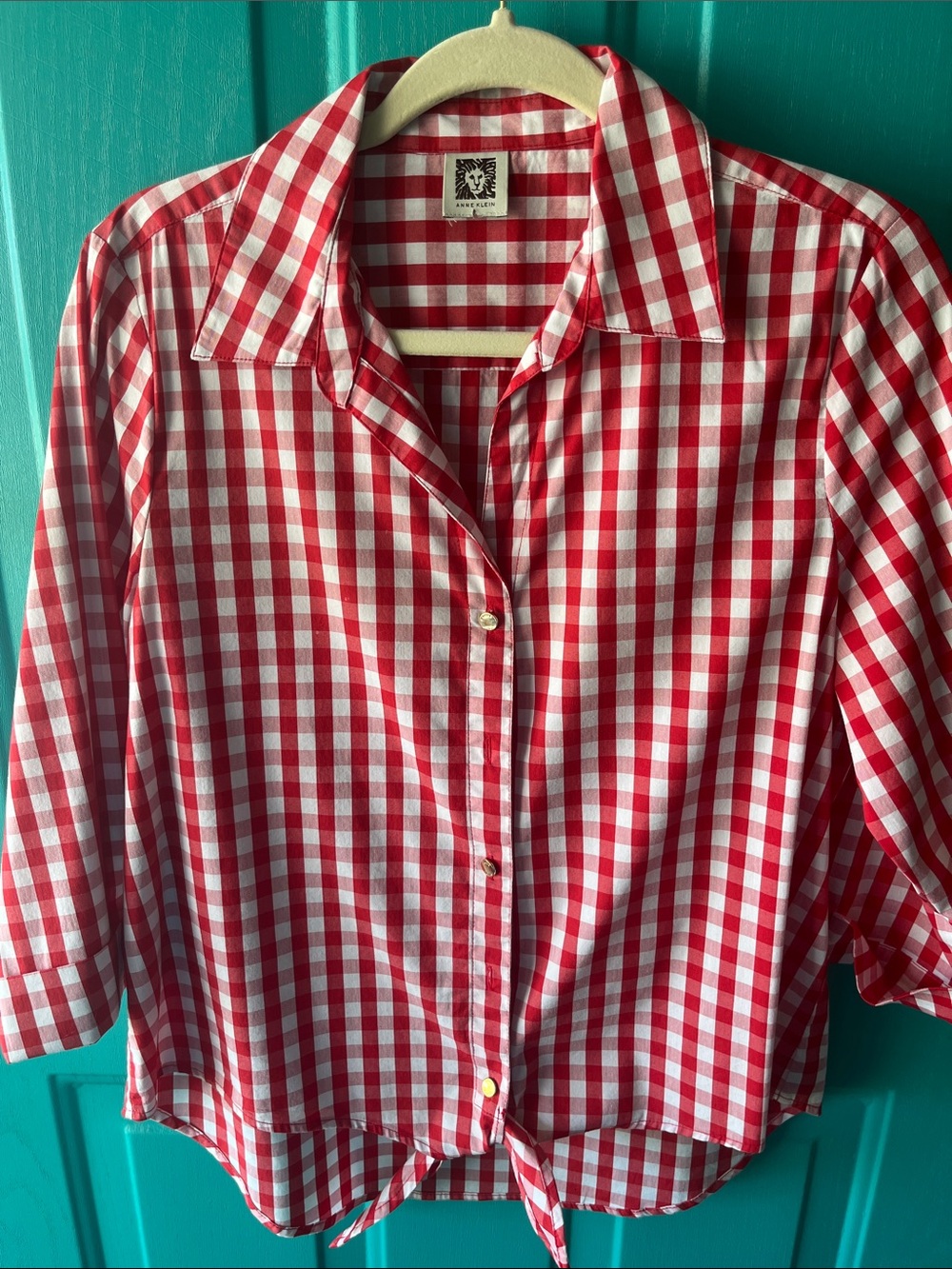 Anne Klein Red and White Gingham Button-Front Shirt/Front Tie